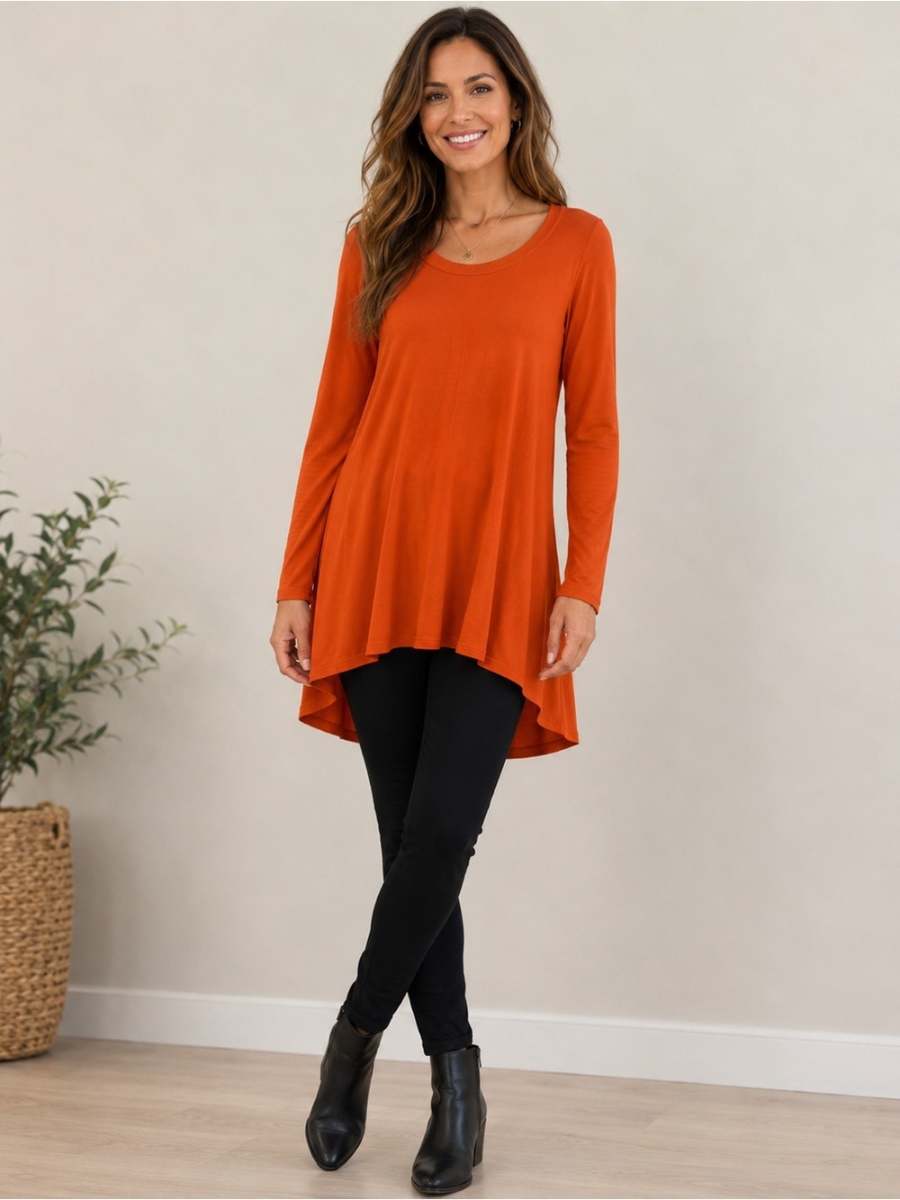Karen Kane Burnt Orange High-Low Swing Tunic Top Blouse 3/4 Sleeve Size Large